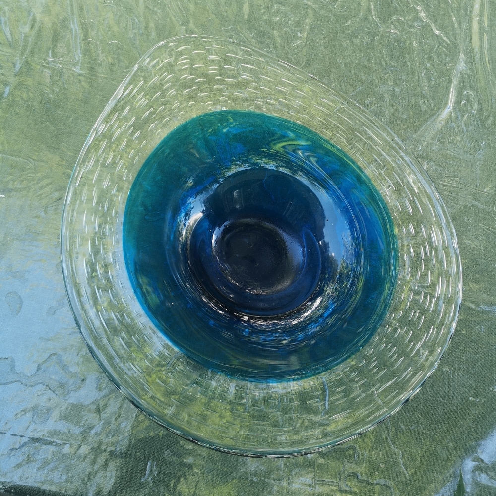 Blue Clear Air Infused Art Glass 17” Decorative Drop Shape Bowl/ Centerpiece